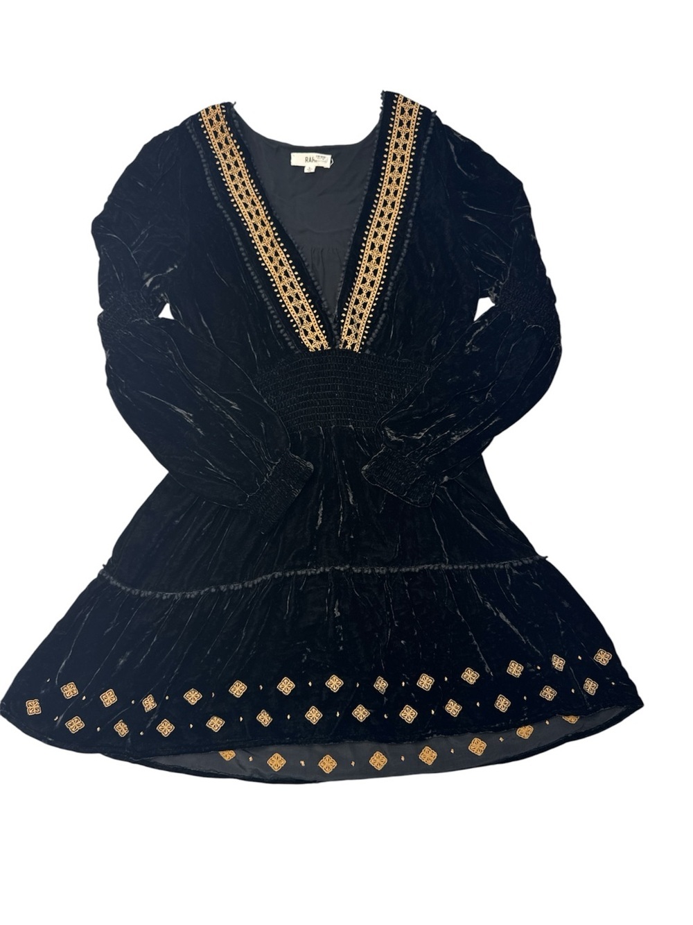 Rahi Black Embroidered V-Neck Smocked Long Sleeve Mini Dress Size L - Picture 3 of 9